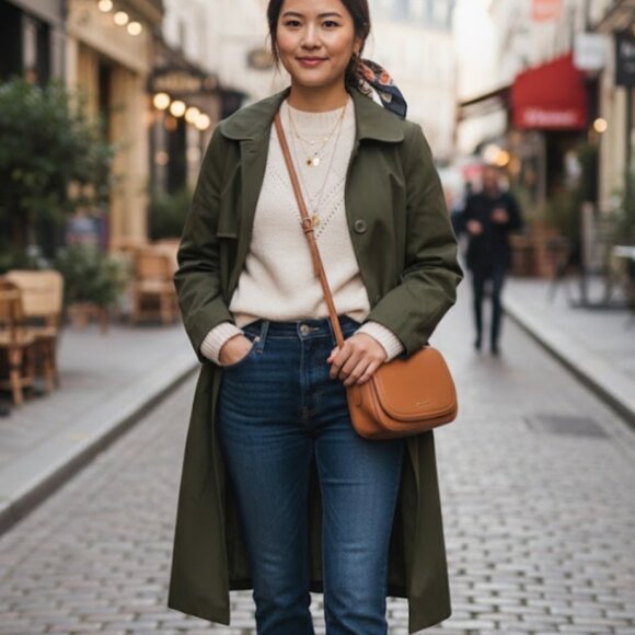 Cream & Rouge Classic Olive Green Winter Trench Coat - Picture 1 of 8